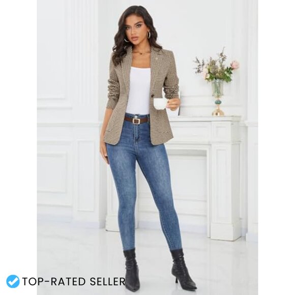 Plaid Blazer with Embroidered Collar Houndstooth Business Casual Office Jacket - Picture 6 of 7
